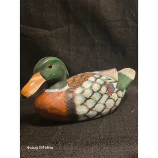 Photo of Vintage Carved Wood Mallard Duck Decoy Painted Glass Eyes Rustic Decor
