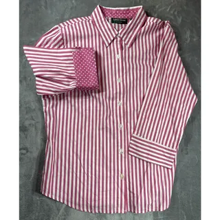 Photo of Lemon Grass Womens Shirt Pink/White Stripe PolkaDot Trim Cotton 3/4 Sleeves Sz L