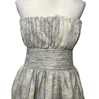 Photo of ByTimo A-Line Mini Dress Ruffled Hem Strapless Floral Brocade Blue Gold L NWOT