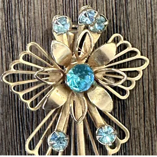 Photo of Vintage Yellow Tome Blue Stone Cross Broach/Pin