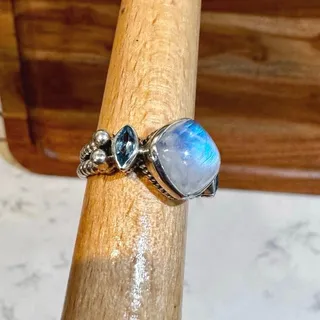 Photo of Sterling silver rainbow moonstone blue topaz accents ring size 7 rope bead work