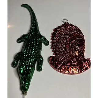 Photo of Mardi Gras Ornament Lot Green Alligator Red Krewe of Choctaw Medallion 2 Pc