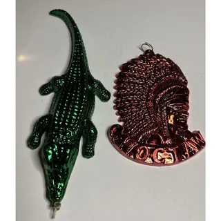 Photo of Mardi Gras Ornament Lot Green Alligator Red Krewe of Choctaw Medallion 2 Pc