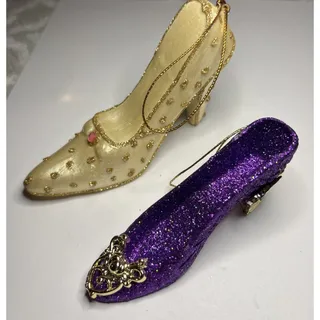 Photo of High Heel Shoe Christmas Ornaments Lot 2 Purple Glitter Gold Victorian Style 4”