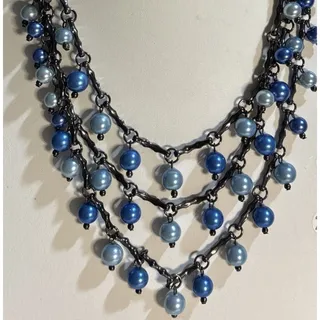 Photo of Blue Faux Pearl Layered Necklace Gunmetal Tone Triple Strand Beaded Statement