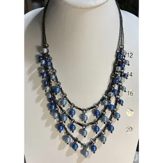 Photo of Blue Faux Pearl Layered Necklace Gunmetal Tone Triple Strand Beaded Statement