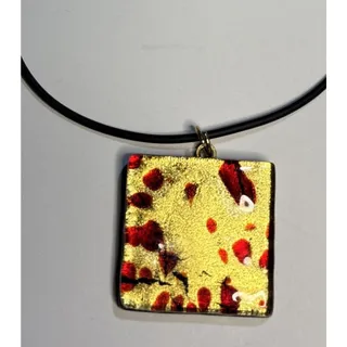 Photo of Murano Pendant Necklace Red Gold Black Foil Fused Venetian Abstract Cord 17”