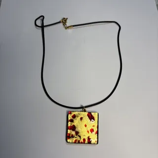 Photo of Murano Pendant Necklace Red Gold Black Foil Fused Venetian Abstract Cord 17”