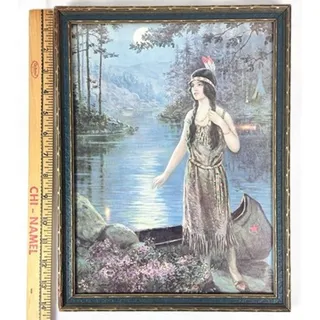 Photo of Vtg 1930s Indian Maiden w/ Canoe Moonlight Print Keeping the Tryst Harper Hiebel