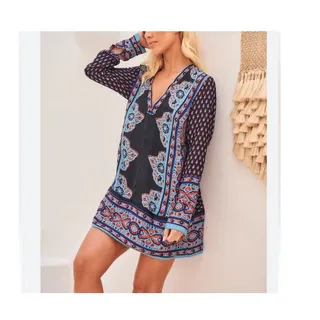 Photo of Free People Meadow Mod mini dress small V neck long sleeve boho blue shift 