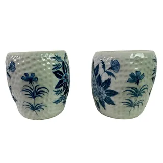 Photo of Set 2 Made in Thailand White Dimpled Pottery 4" Tall Vases Blue Flowers Lotus