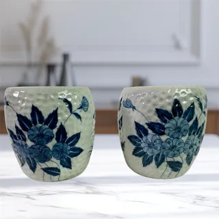 Photo of Set 2 Made in Thailand White Dimpled Pottery 4" Tall Vases Blue Flowers Lotus