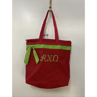 Photo of ALPHA CHI OMEGA Red Fabric With Green Ribbon Zip Tote Bag 16”X 16”