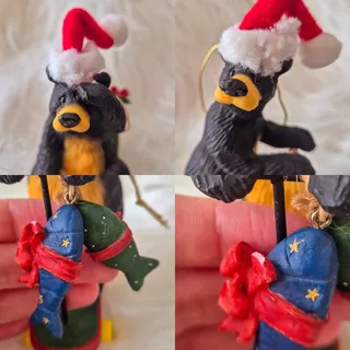 Photo of Vintage O'Well Black Bear Christmas Ornaments Set of 2 Sled Scooter Fish