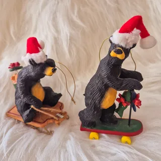 Photo of Vintage O'Well Black Bear Christmas Ornaments Set of 2 Sled Scooter Fish