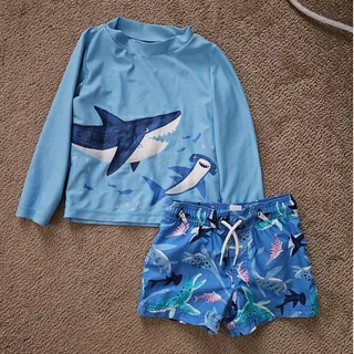 Photo of Carter's Shark Rash Guard Swim Trunks Set Boys 3T Blue Long Sleeve UPF Swimwear
