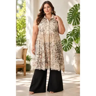Photo of Origami Plus Size Faux Suede and Lace Sleeveless Vest 2XL