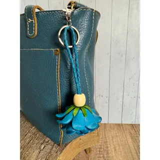 Photo of Leather Blue Flower Purse Charm Genuine Leather Rose Bag Charm NEW FAST SHIP