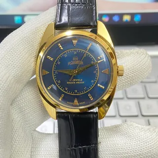 Photo of Vintage 1977 Roamer Manual Mens Silver Watch W/Leather Strap & Black accents