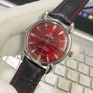 Photo of Vintage 1983 Roamer Manual Mens Silver Watch W/Leather Strap & Red accents