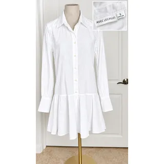 Photo of Avec Les Filles White Collared Long Sleeve Drop Waist Shirt Mini Dress - Size S