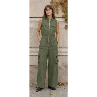 Photo of Sincerely Jules Womens L Olive Green Cargo Utility Jumpsuit Cotton Zip Front