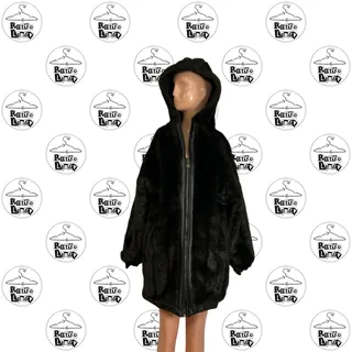 Photo of VTG 80s L Black Reversible Faux Leather Mink Fur Parka Coat Hooded Winter Mob