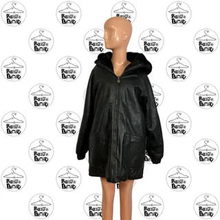 Photo of VTG 80s L Black Reversible Faux Leather Mink Fur Parka Coat Hooded Winter Mob