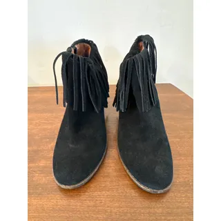 Photo of Lucky Brand Black Suede Wedge Yachin Booties Size 6.5 Boho Fringed Western