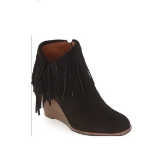 Photo of Lucky Brand Black Suede Wedge Yachin Booties Size 6.5 Boho Fringed Western