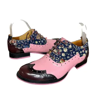 Photo of John Fluevog Women 7 Biblio Cole Oxford Shoes Pink Floral Wingtip Leather Brogue