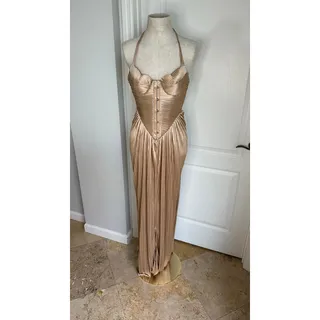 Photo of NWT Miss Rosier Nicoletta Gold Glossy Pleated Corset Maxi Dress Sz XS