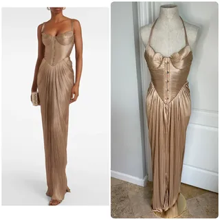 Photo of NWT Miss Rosier Nicoletta Gold Glossy Pleated Corset Maxi Dress Sz XS