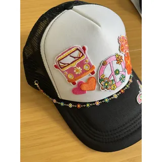 Photo of Custom Black White Layered Patches Trucker Hat Adjustable Mesh Back Peace Hippy
