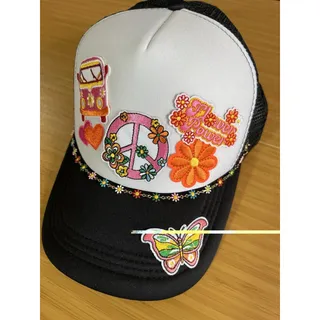 Photo of Custom Black White Layered Patches Trucker Hat Adjustable Mesh Back Peace Hippy