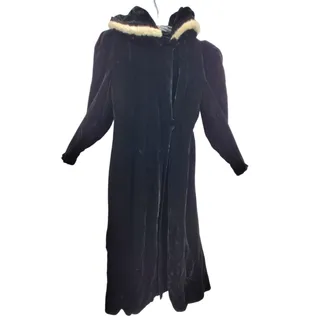 Photo of Russeks Opera Coat Vintage 1940s Black Velvet Faux Fur Collar Maxi Whimsygoth