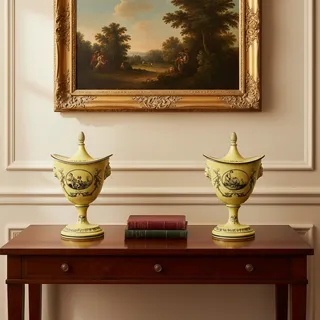 Photo of Vintage Mottahedeh Creil Style Chestnut Urns Pair-Yellow Black-Italy-Neoclassic