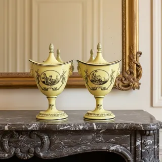 Photo of Vintage Mottahedeh Creil Style Chestnut Urns Pair-Yellow Black-Italy-Neoclassic