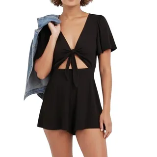 Photo of Favlux Women's Small Solid Green Half Sleeve V-Neck Front Bow Cutout Romper