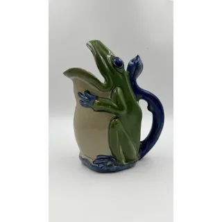 Photo of Vintage WCL China Green Blue Frog Ceramic Pitcher 8.75” Hand Painted