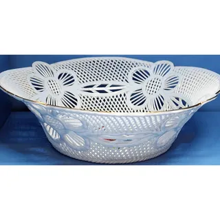Photo of Vintage Cluj-Napoca Romania Reticulated Lattice Porcelain Floral Bowl Signed 7.5
