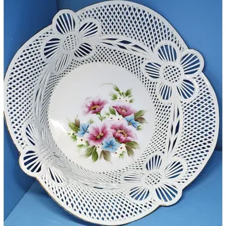 Photo of Vintage Cluj-Napoca Romania Reticulated Lattice Porcelain Floral Bowl Signed 7.5