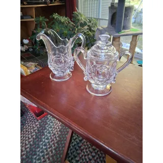Photo of Clear Vtg Pressed Glass Creamer & Covered Sugar Set (3234)