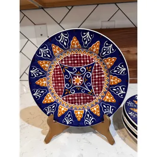 Photo of Pier 1 Vizcaya collection medallion pattern navy blue rust red yellow 10” x5