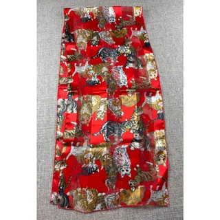 Photo of Vintage Cat Print Scarf Lot 2 City Silk Co Red Ivory Sheer Made in Korea