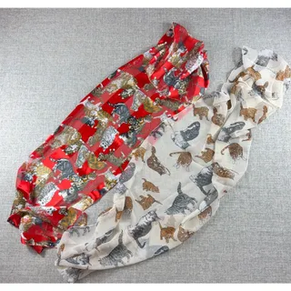 Photo of Vintage Cat Print Scarf Lot 2 City Silk Co Red Ivory Sheer Made in Korea
