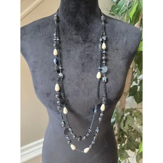 Photo of Bocar Black Cream Multi Strand Beaded Long Statement Necklace