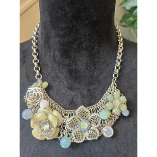 Photo of Silver Tone Pastel Floral Rhinestone Bib Statement Necklace