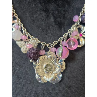 Photo of NY Silver Tone Pink Purple Floral Charm Statement Necklace