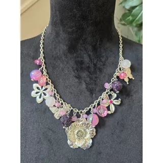 Photo of NY Silver Tone Pink Purple Floral Charm Statement Necklace